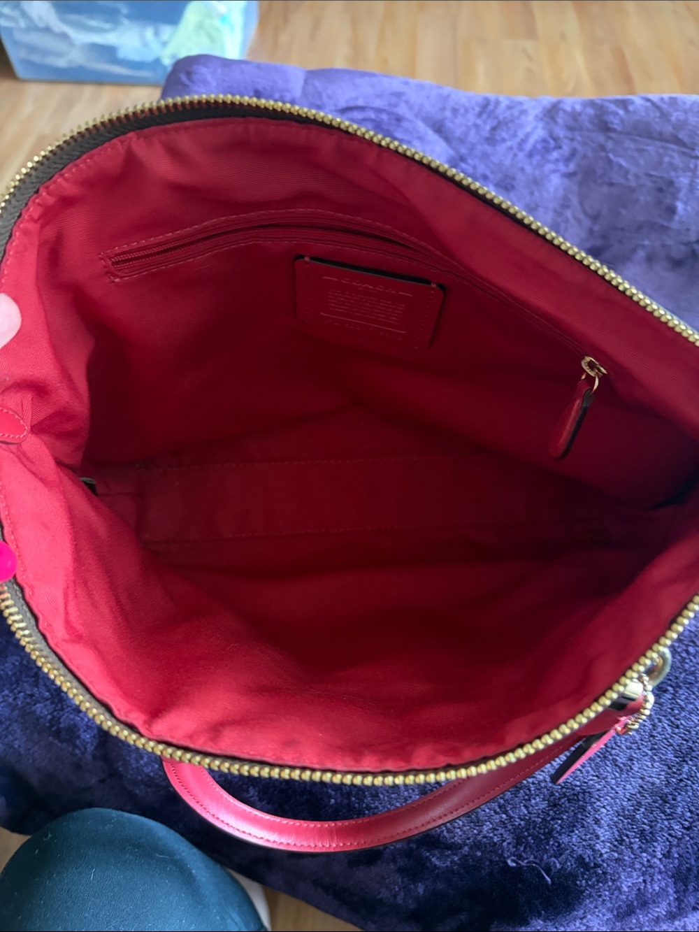 Coach Brown Signature Canvas Tote with burgundy red Trim - Picture 4 of 4
